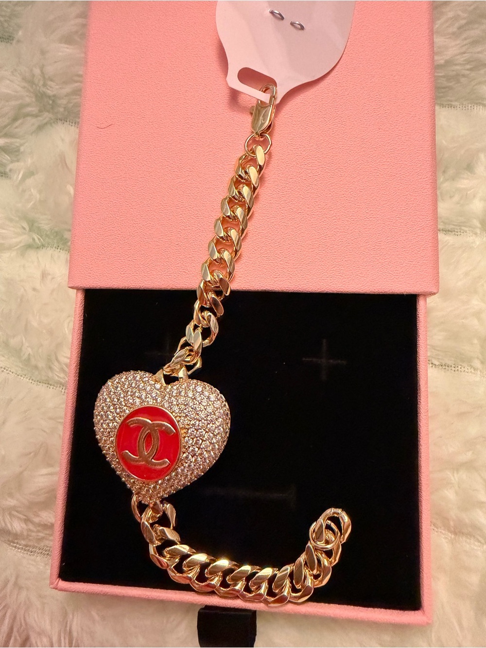 Gold-Tone Heart Charm Bracelet with Red Accent